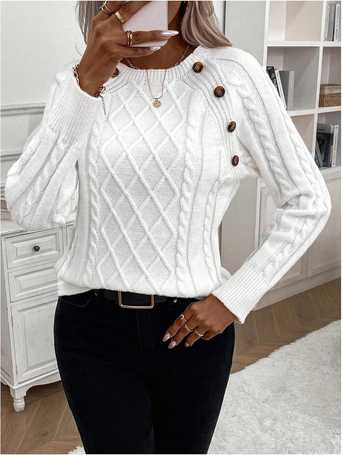 Women's 2025 Cable Knit Sweater Button Crew Neck Long Sleeve Pullover Fall Sweater Thanksgiving Gift - Image 4