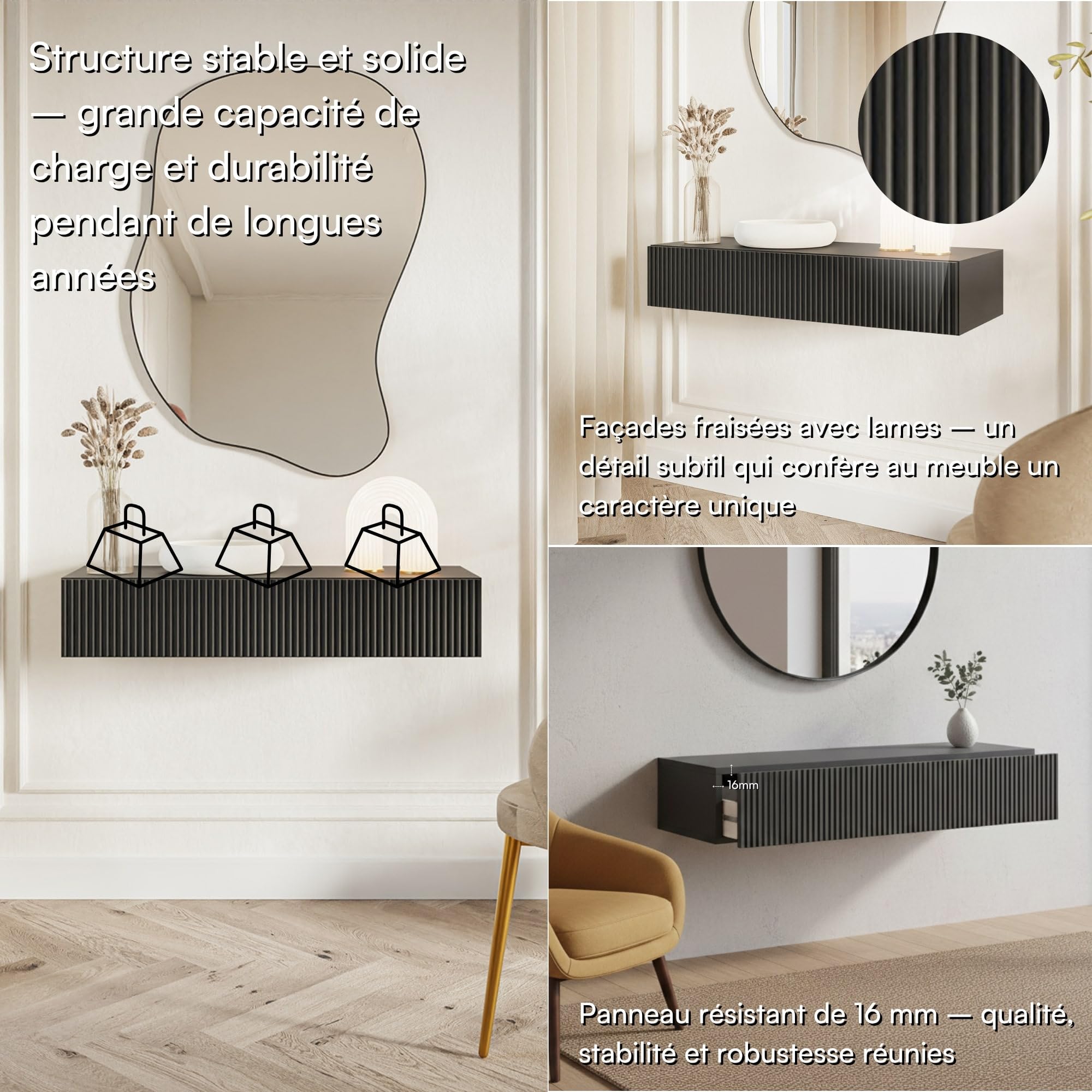Selsey Console D'Entrée Suspendue avec Tiroir À Lamelles 90 x 17 cm Table Console Noire Veldio