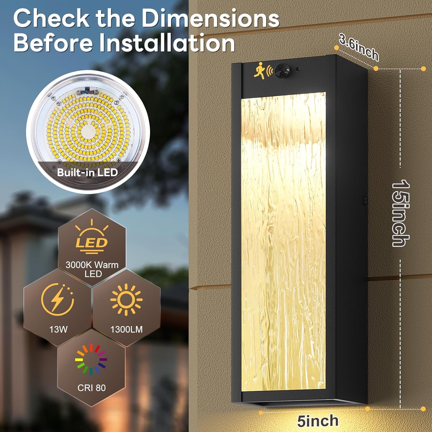 Motion Sensor LED Outdoor Wall Light Fixtures 2 Pack, Modern Dusk to Dawn Sensor Porch Outdoor Lighting, Black 15 Inch Water Ripple Exterior Wall Sconce, LED Outside Lantern for Garage Front Door