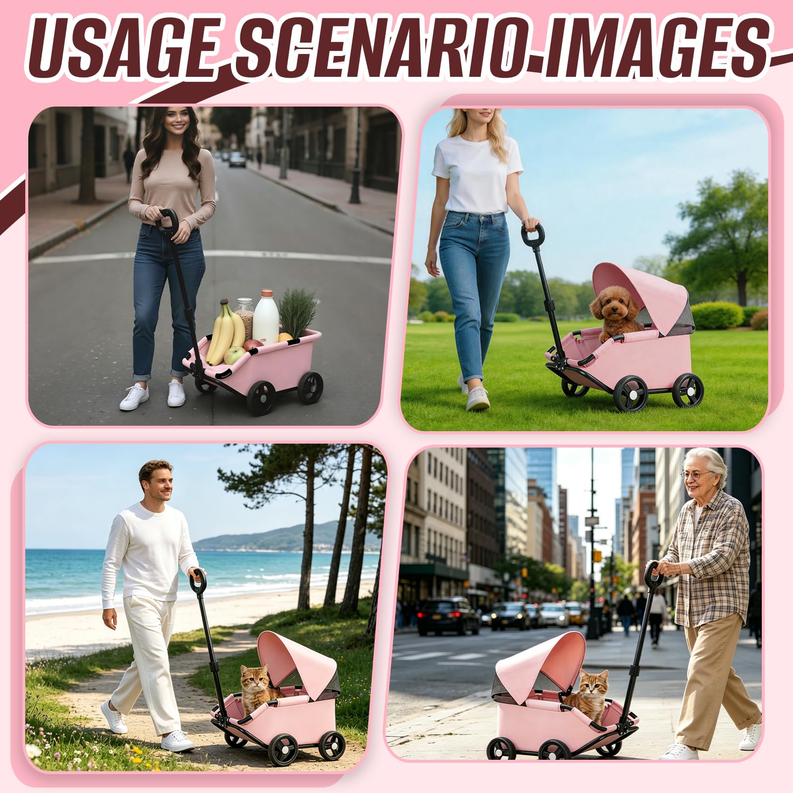 Carrito para Perros Plegable, Cochecito para Mascotas 4 Ruedas con Barra de Empuje Ajustable Diseño Abierto Cojín Bolsa de Almacenamiento