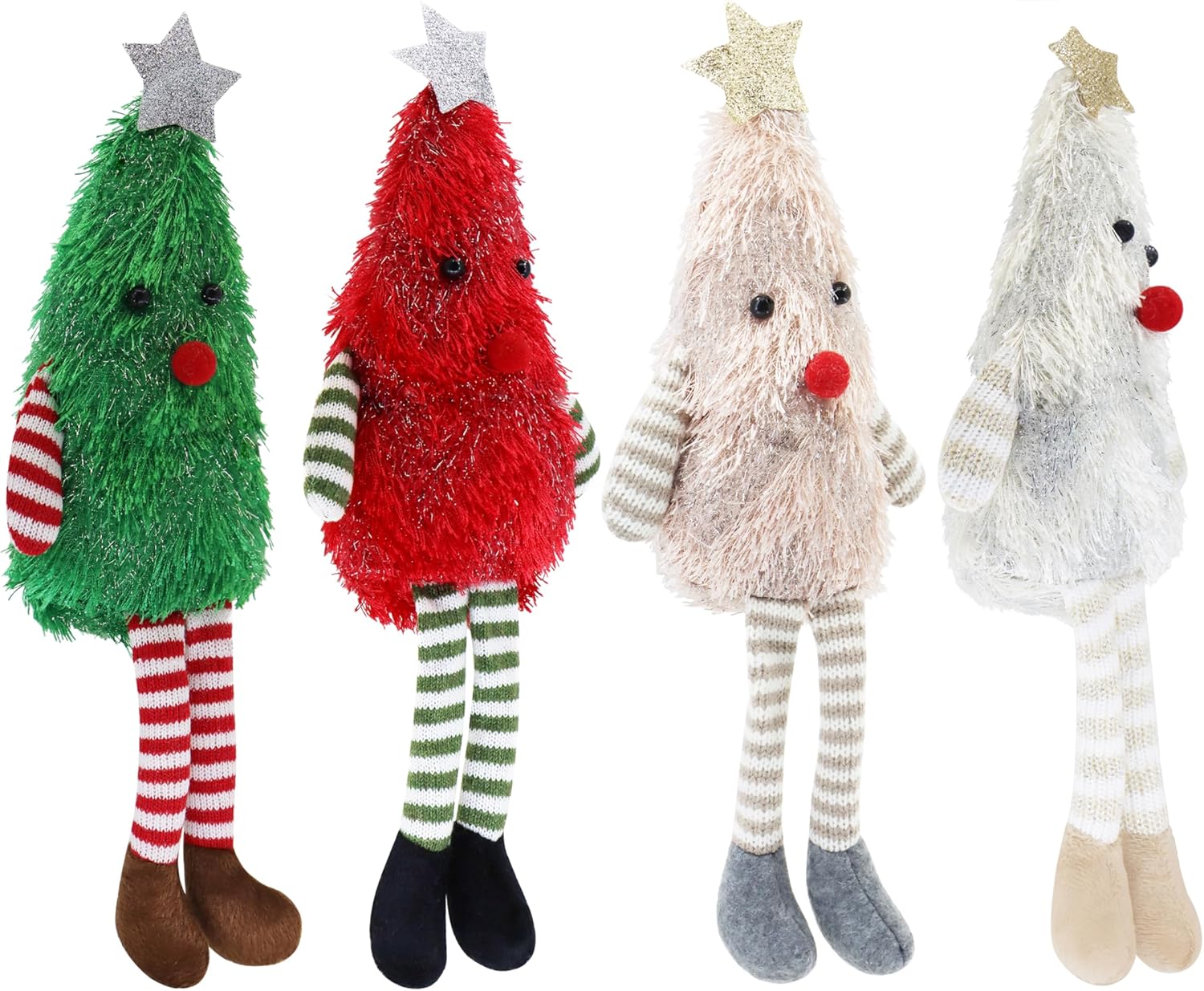 4-Pack Christmas Tree Plush Dolls, Festive Stuffed Figurines with Striped Legs & Star Toppers for Holiday Decor