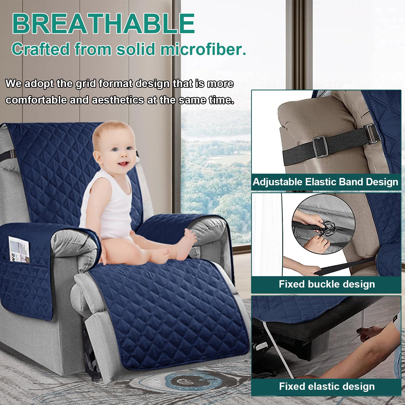 Copertura Impermeabile del sofà del reclinabile di 100%, Copertura reclinabile Antiscivolo della Sedia di 3 posti con Le Cinghie Elastiche per i Cani,Navy Blue,1 Seater