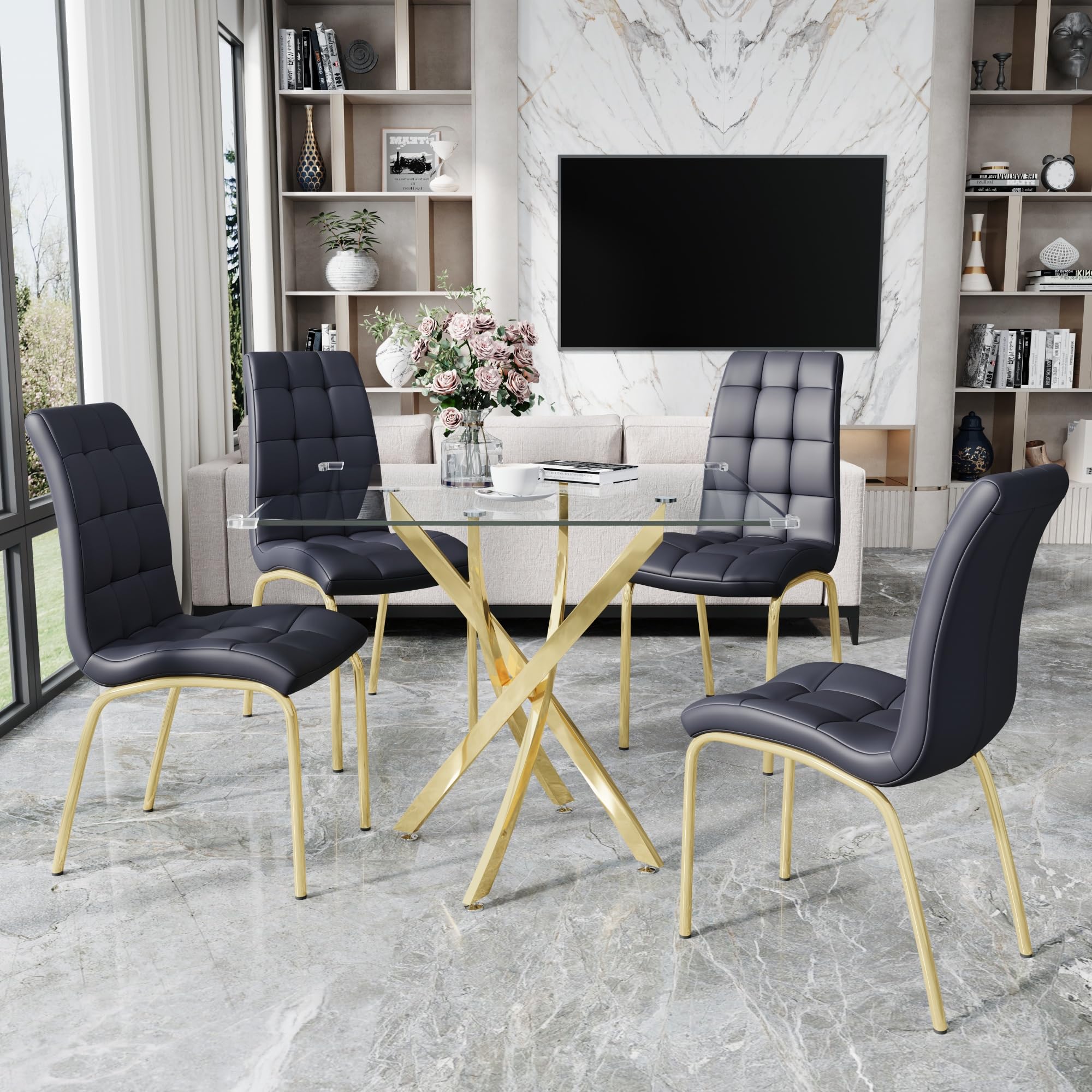 5 Piece Square Glass Dining Table Set, Round Tempered Glass Kitchen Table for 4, Modern Table with 4 High-Back Upholstered Chairs for Kitchen Dining Room (Gold Legs, 4 Black Chairs)