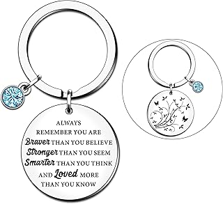 Inspirational Keyrings For Men Women Girls Family Best Friends Birthday Christmas Gifts Blue Crystal Pendant Double Engraved- Always Remember You Are Braver Than You Believe