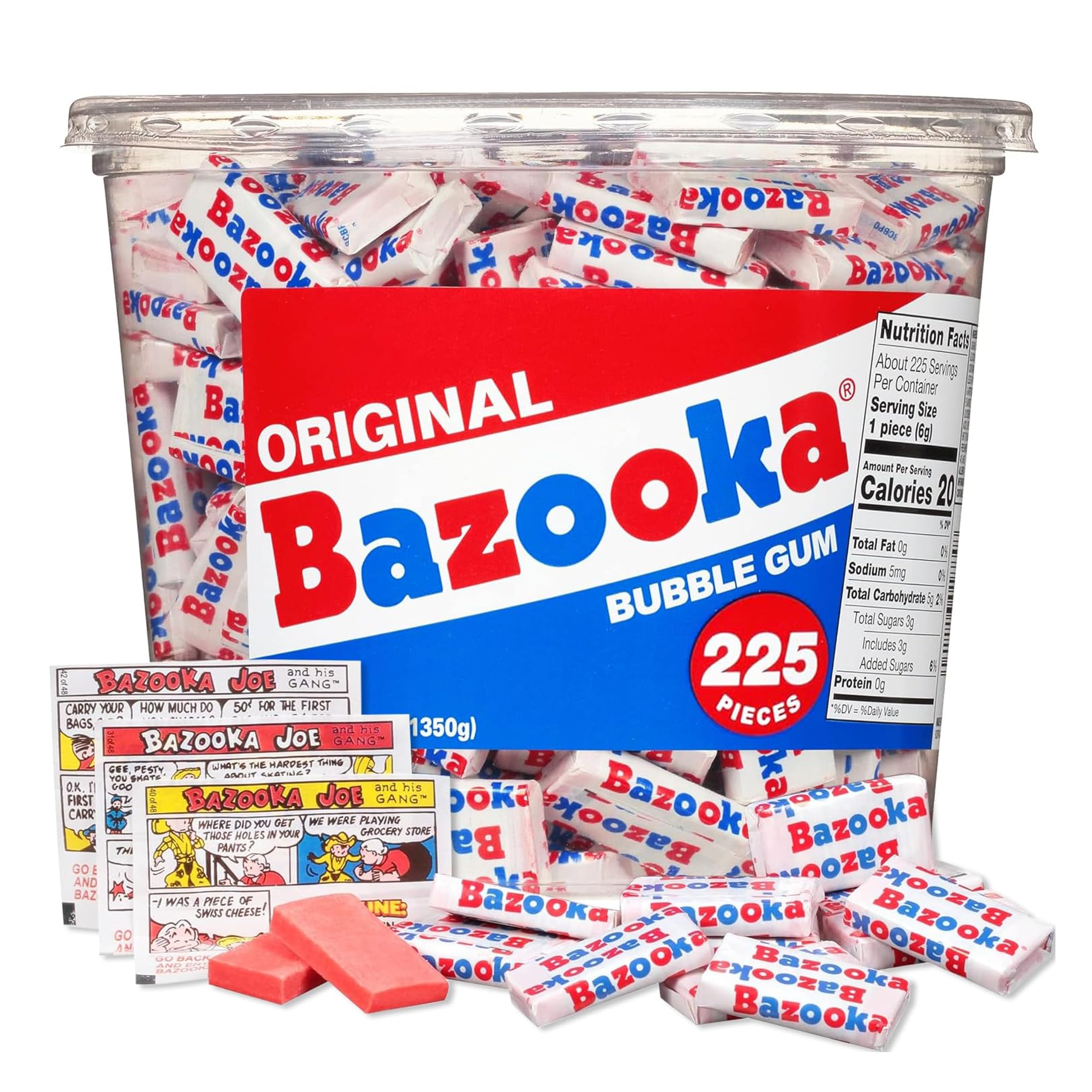 Bazooka Bubble Gum Bulk, 225 Count Tub of Chewing Gum Individually Wrapped, Old Fashioned 90's Candy for Baseball, Party Favors, Goodie Bags