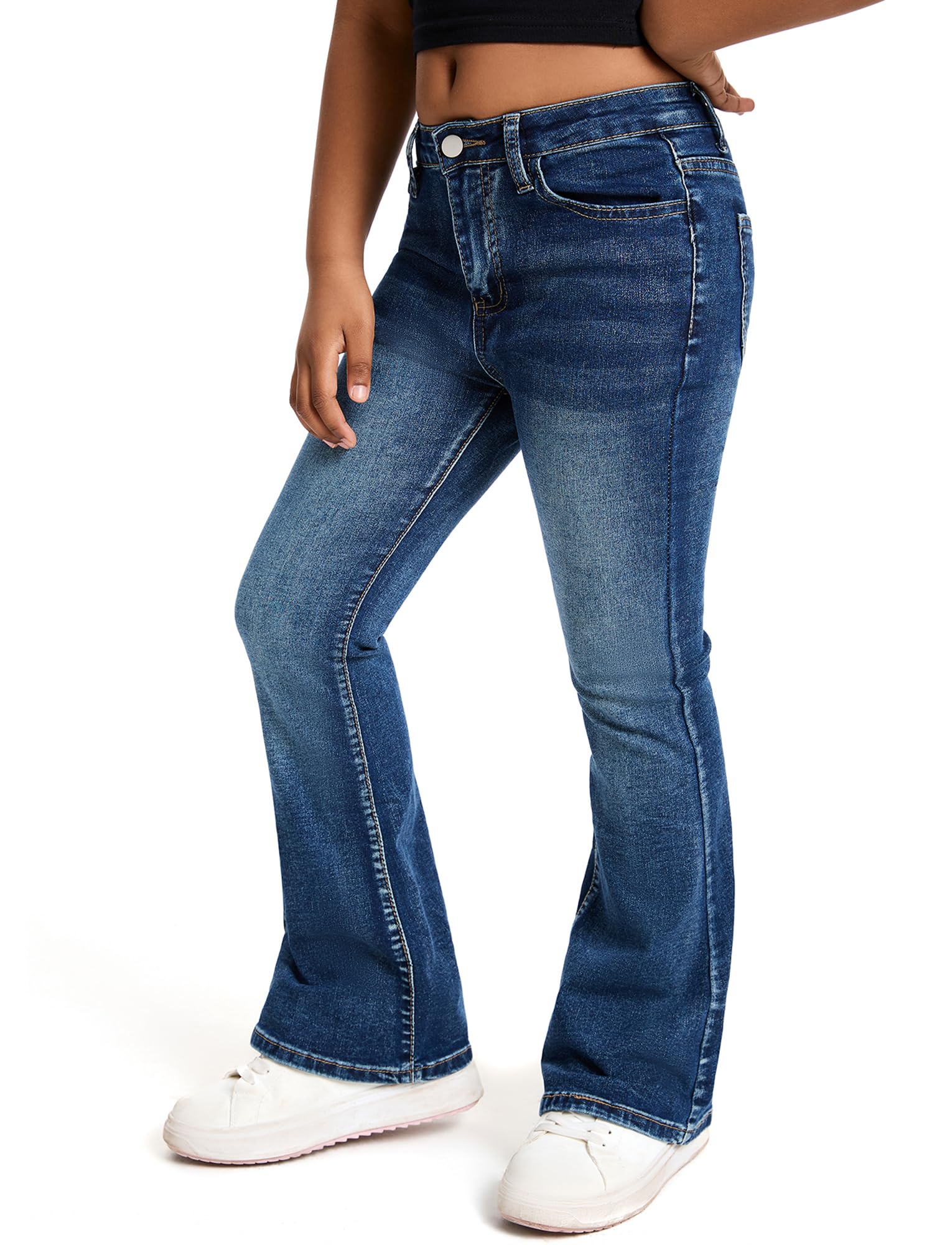 Maeau Pantalones vaqueros acampanados para niña, estilo retro de mezclilla, ajustados, elásticos, acampanados, con cintura elástica y bolsillos, mezcla de algodón, comodidad, talla 130-160/7-14 años