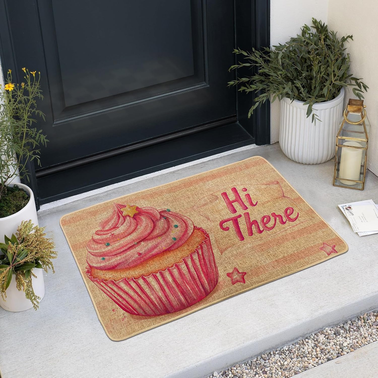 Cupcake Welcome Mat, Peach Dessert Door Mat for Indoor & Outdoor Use, Fun Kitchen Decor for All Seasons, Non-Slip Rubber for Front Entry 29x17 Inch