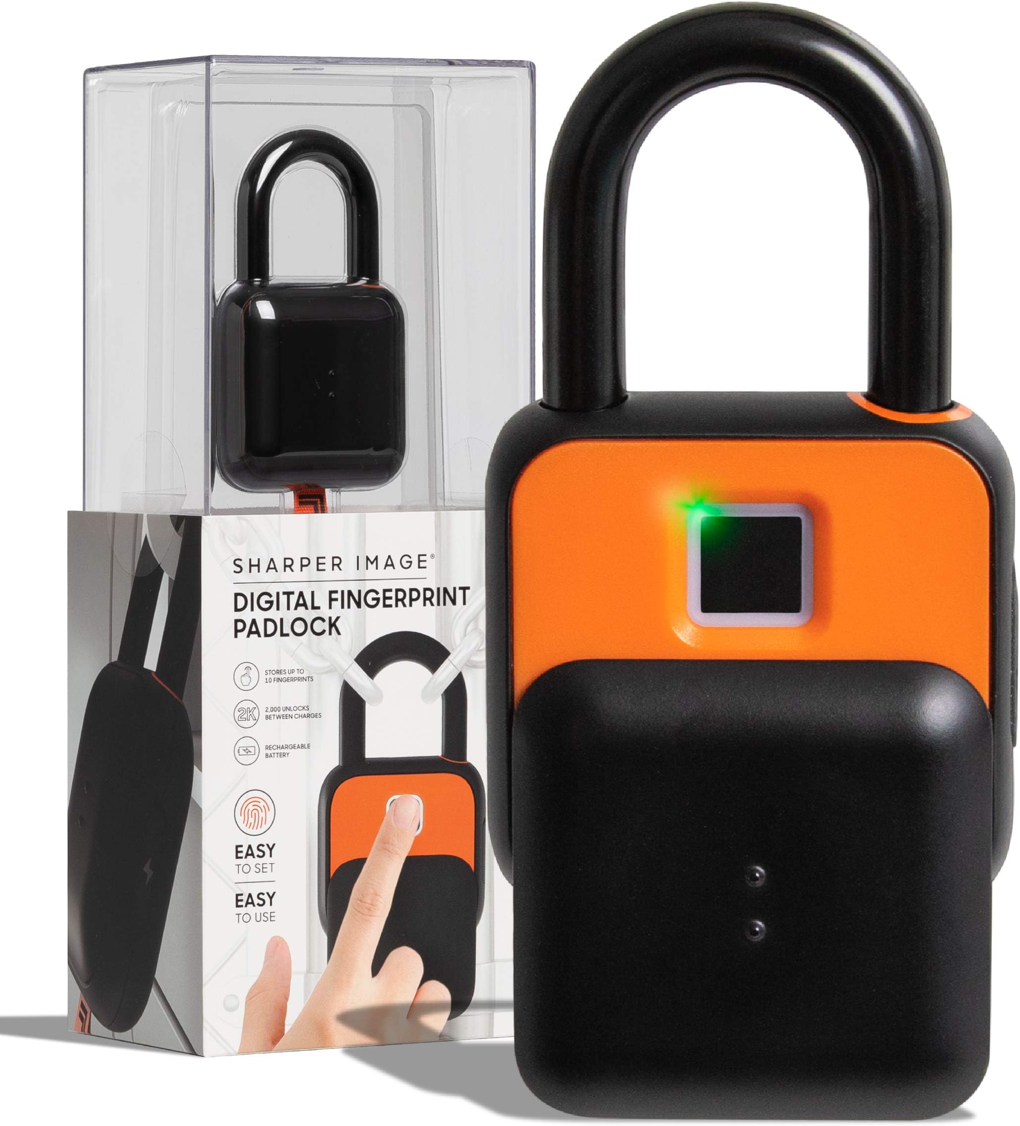 SHARPER IMAGE Fingerscan Digital Padlock, Biometric Keyless Code-Free Smart Lock, Rechargeable and IP66 Waterproof, Portable Security for Locker, Bike, Door, Gate, Home, Securely Unlock w/ Thumbprint