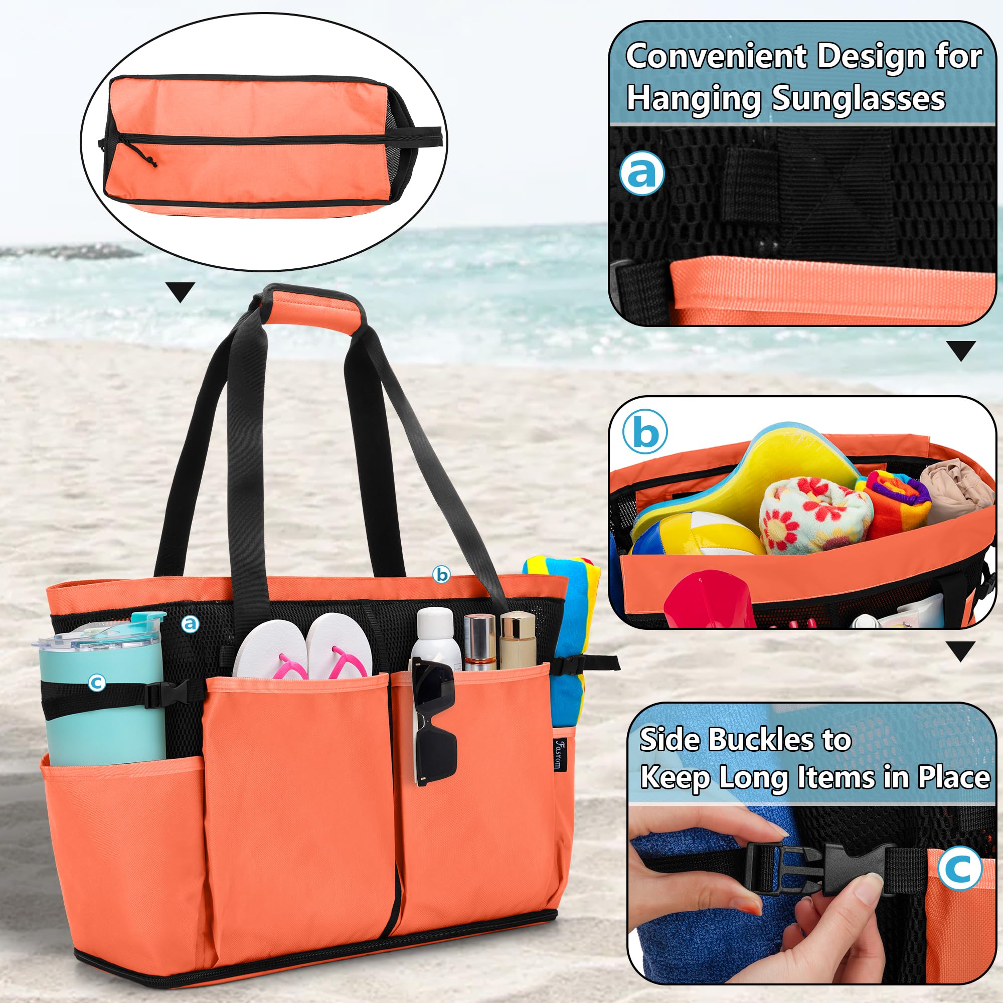 Fasrom Sac de plage extra large en maille avec fermeture éclair en bas, sac fourre-tout de plage surdimensionné pour la plage ou la piscine (brevet en attente), orange | Fond zippé anti-sable, 6 poches extérieures, séparation humide/sec, bretelles rembour