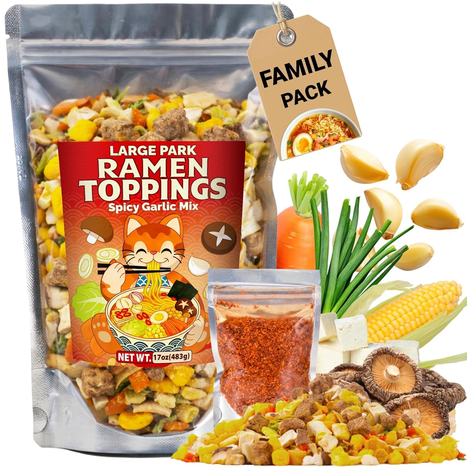17oz Dried Ramen Toppings Bulk Pack - 11 Ingredients Dehydrated Vegetable Mix for Ramen, Soup & Fried Rice, Ready in 3–5 Minutes (Spicy Garlic Flavor)