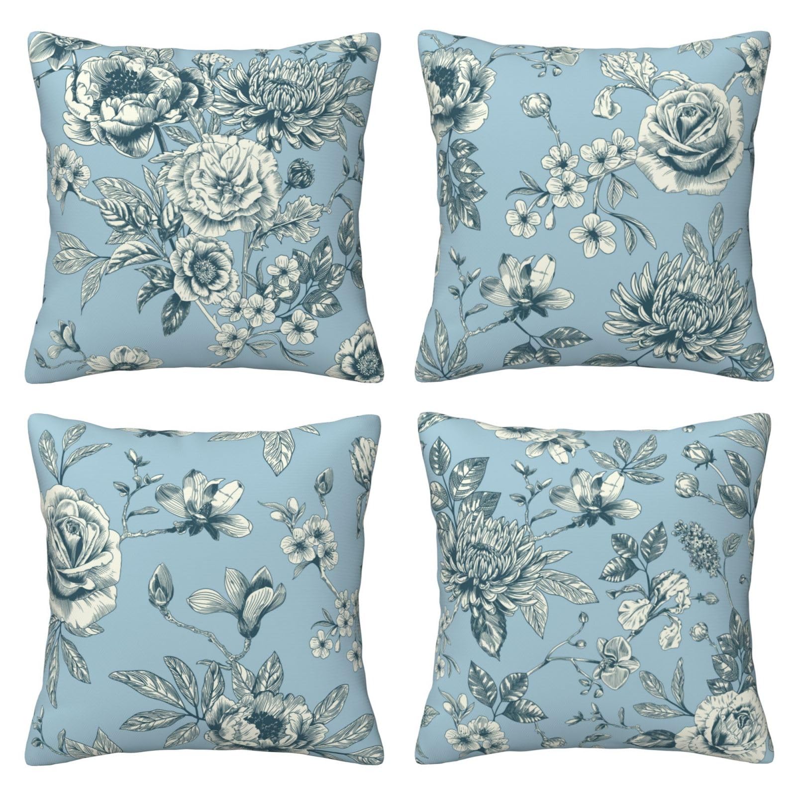 HOSTECCO French Toile Cushion Covers 50x50 cm Set of 4 Floral Chinoiserie Cushion Cases Light Blue Flower Decorative Pillow Covers for Sofa Couch