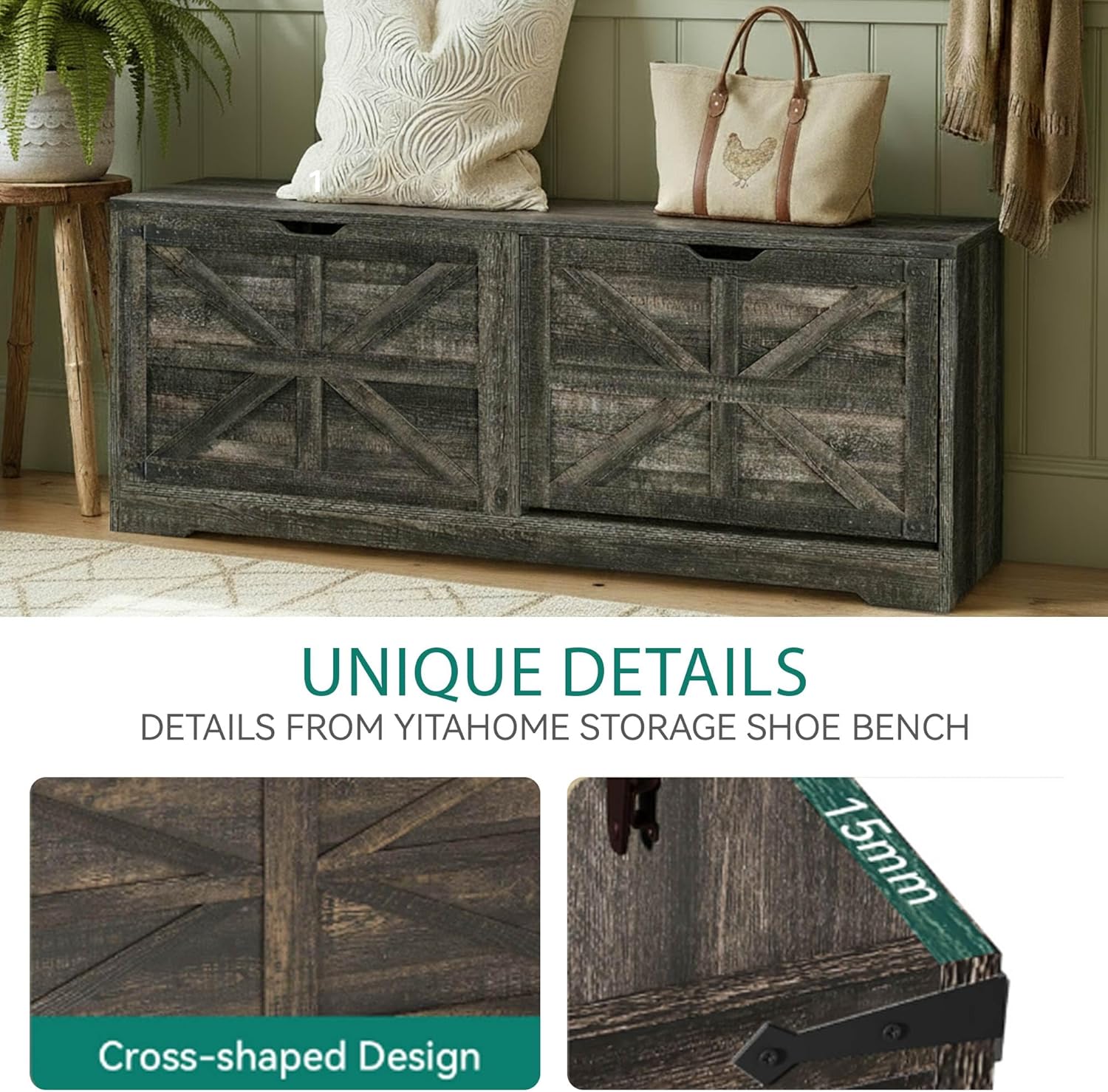 Close-up of the cross-shaped design and 15mm thickness of the YITAHOME storage bench