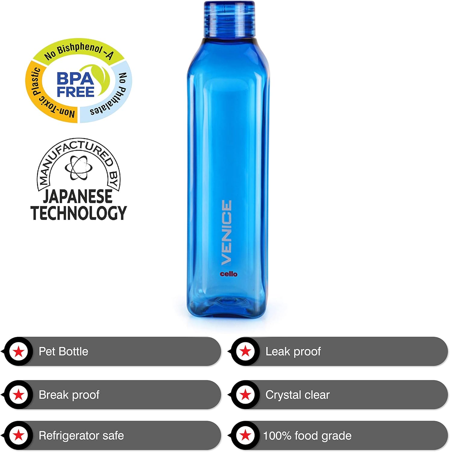 Cello Venice Plastic Water Bottle, 1 Litre, Set of 4, Assorted