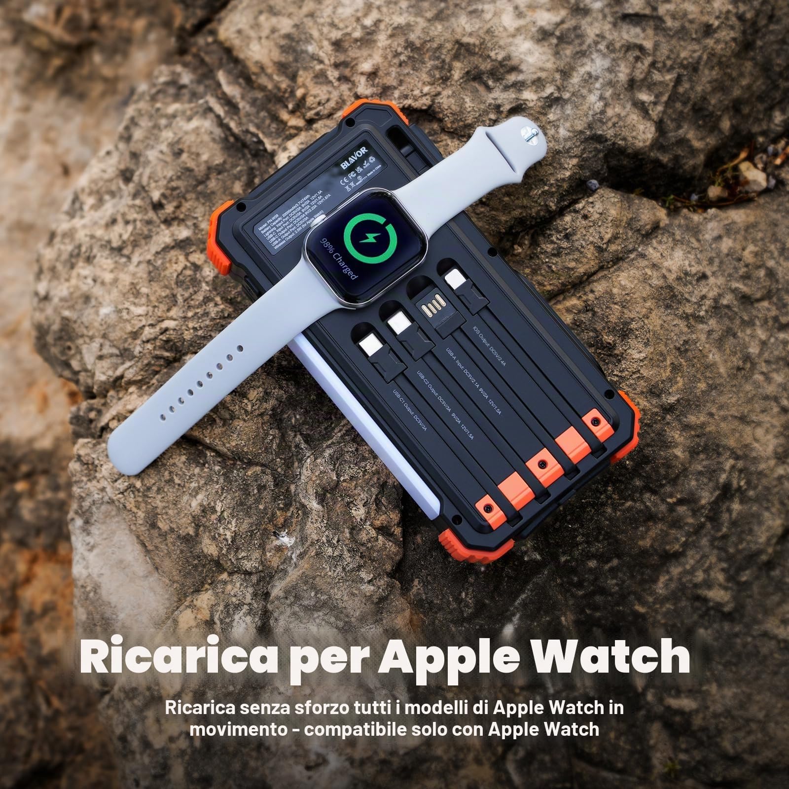 Caricabatterie Solare 20000mAh, 20W Ricarica Rapida Batteria Esterna Portatile USB C Impermeabile Power Bank con Cavi Incorporati, Luce da Campeggio, Torcia, Ricarica Wireless per Apple Watch