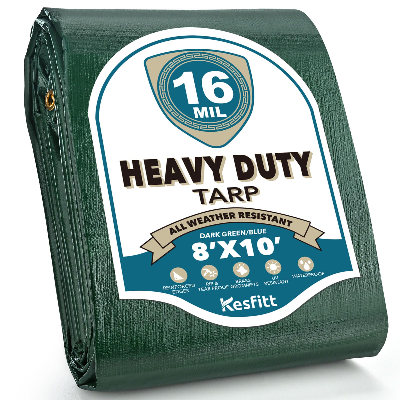 Kesfitt Tarp Heavy Duty Waterproof 8x10FT,16 Mil Thick Tarps Tear&Fade Resistant,UV Resistant,Poly Tarp Cover with Grommets and Reinforced Edges for Outdoor Camping Pools Boat Car(Green/Blue)