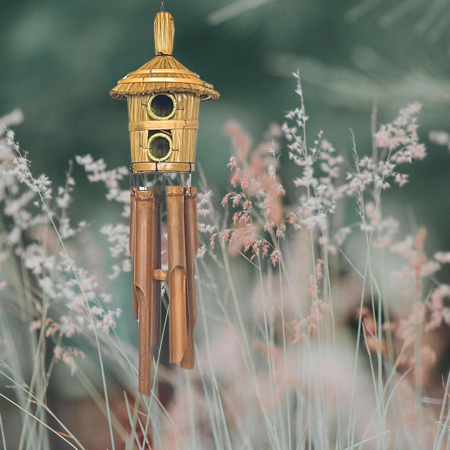 Bellaa 23363 Bamboo Wind Chime Bird House Nest Minimalist Wooden Windchimes Handmade Gift