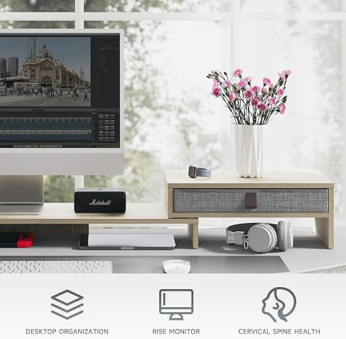 Miniatura 5 de Fenge Soporte elevador para monitor de computadora con cajón para 2 o 3 monitores, longitud y ángulo ajustables, soporte de computadora portátil,