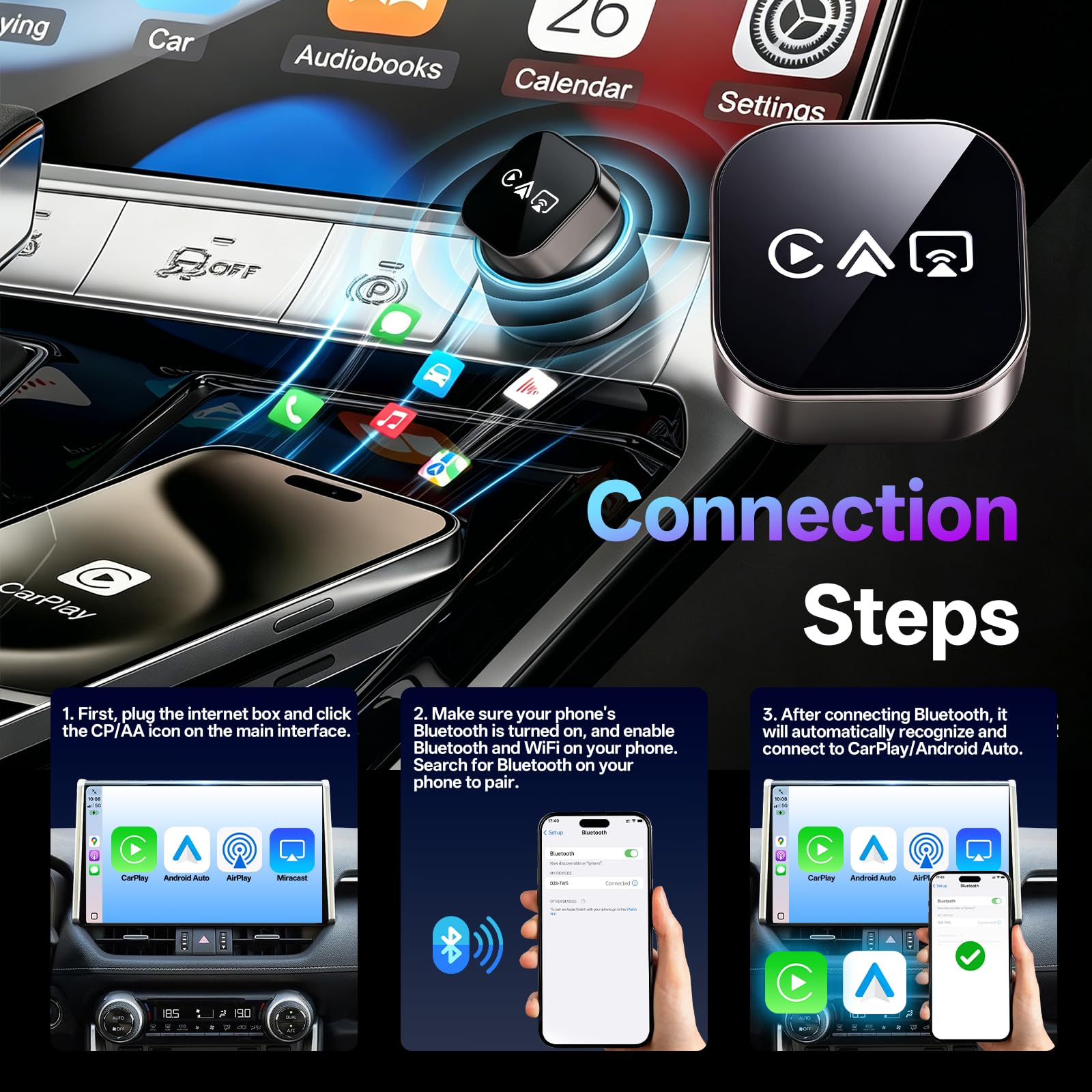 2026 4-in-1 Wireless CarPlay Adapter – Kabelgebunden zu Kabellos für CarPlay & Android Auto, 2.4+5.8GHz Dualband WiFi, mit MirrorLink & AirPlay Spiegelung, kompatibel für iPhone & Android, Schwarzweiß