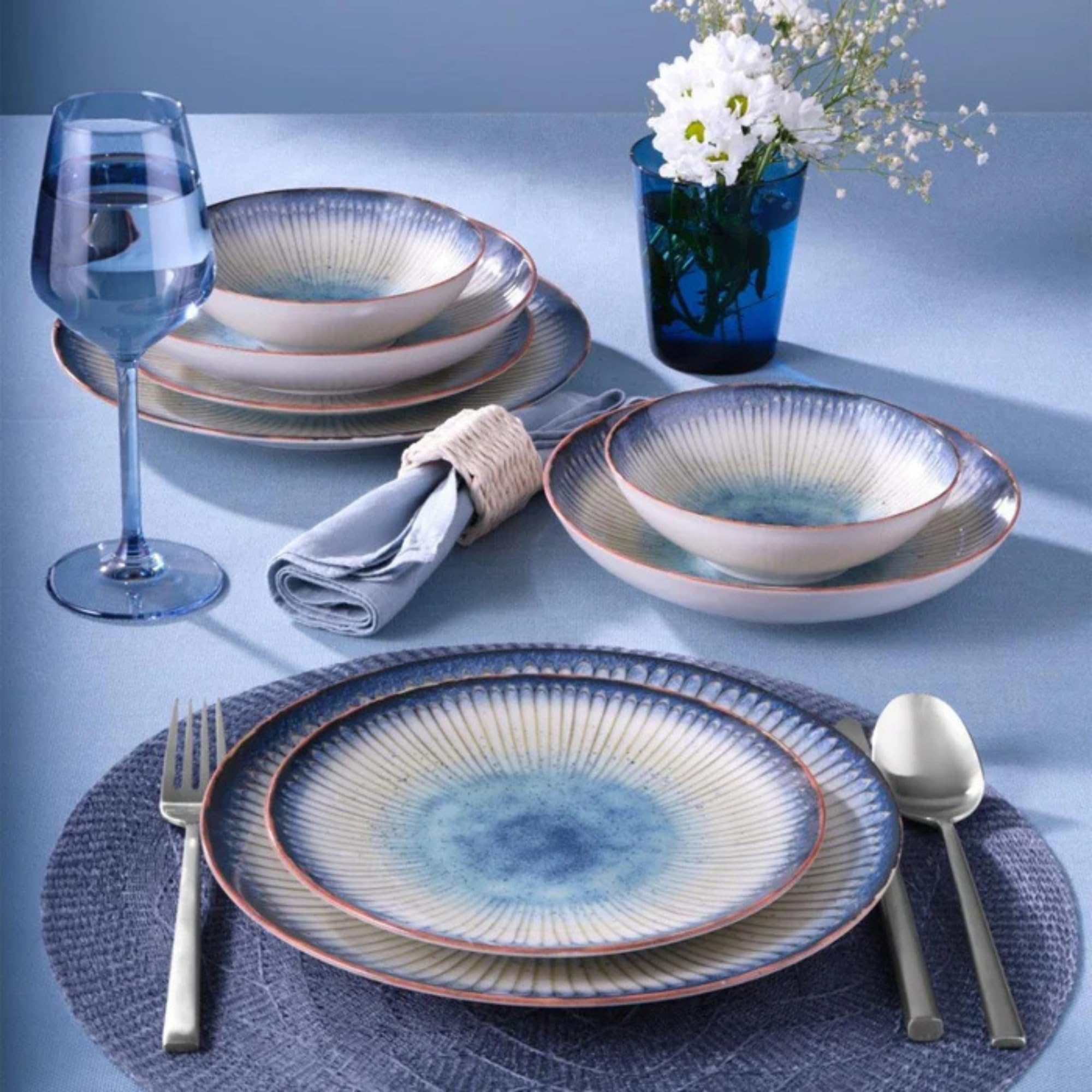 NORDIC SCHILLER Porzellan Tafelservice, 6 Personen, 18-tlg., Sare Atina Series, Buntes Design Geschirr Set, Teller Set, Suppenschalen, Dessertteller, Tiefe Teller, Speiseteller, Geschirrsets