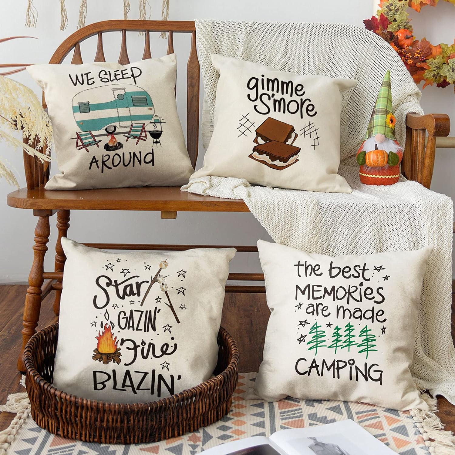 AVOIN colorlife Camper Trailer Campfire Throw Pillow Covers, 18 x 18 Inch Gimme S'More Tree Pillows Cushion Case for Sofa Couch Set of 4 - Image 5