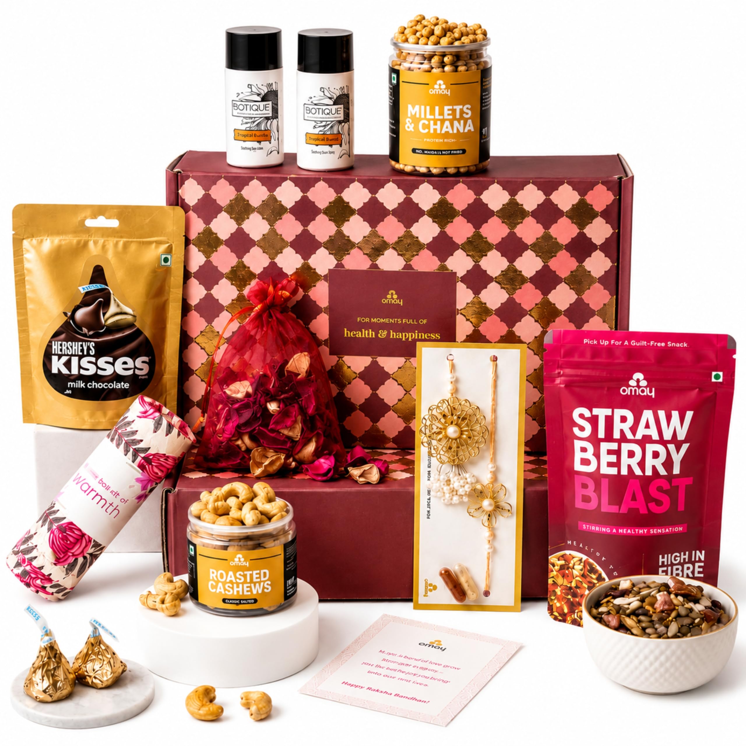 Omay Foods The Perfect Pair Rakhi Gift Hamper for Bhaiya Bhabhi | 10 Pcs | Roasted Snacks, Hersheys Chocolate, Biotique Skincare & Cotton Scarf | Premium Couple Rakhi Gift for Brother and Bhabhi-image-8