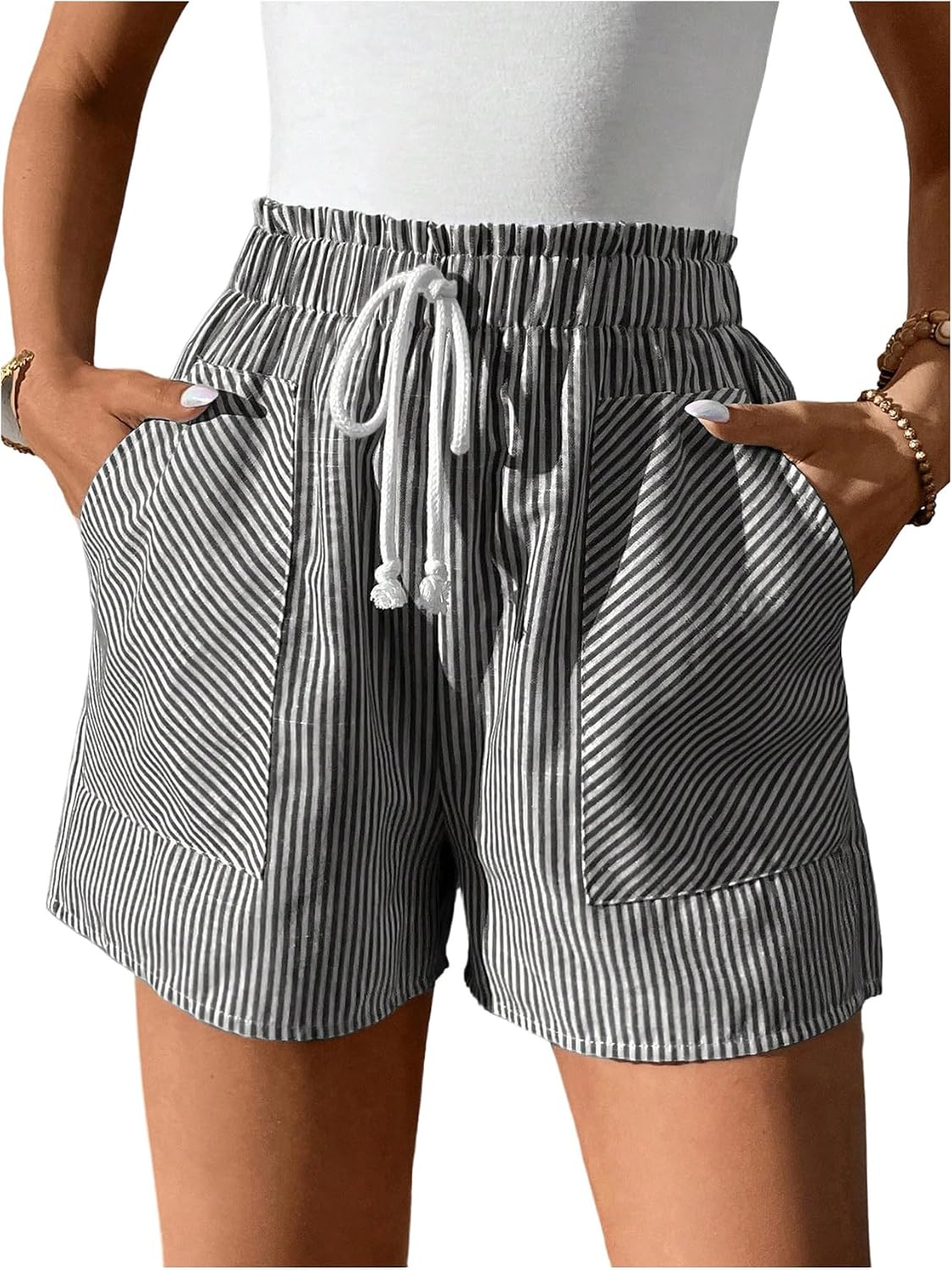 Verdusa Women's Striped Shorts Linen Clothes Summer Drawstring Waist Straight Leg Summer Outfits