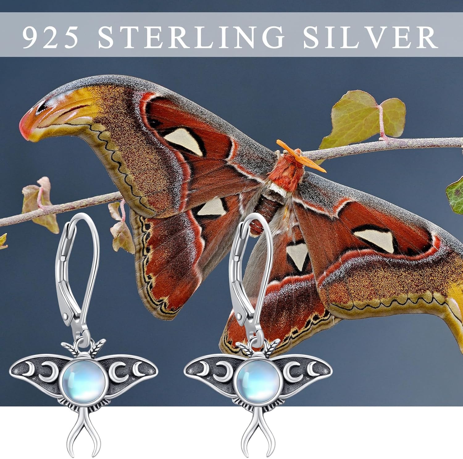 TRISHULA Moth Leverback Earrings Moonstone Luna Moth Dangle Earrings 925 Sterling Silver Insect Animal Earrings Jewelry Gifts for Women - Image 6
