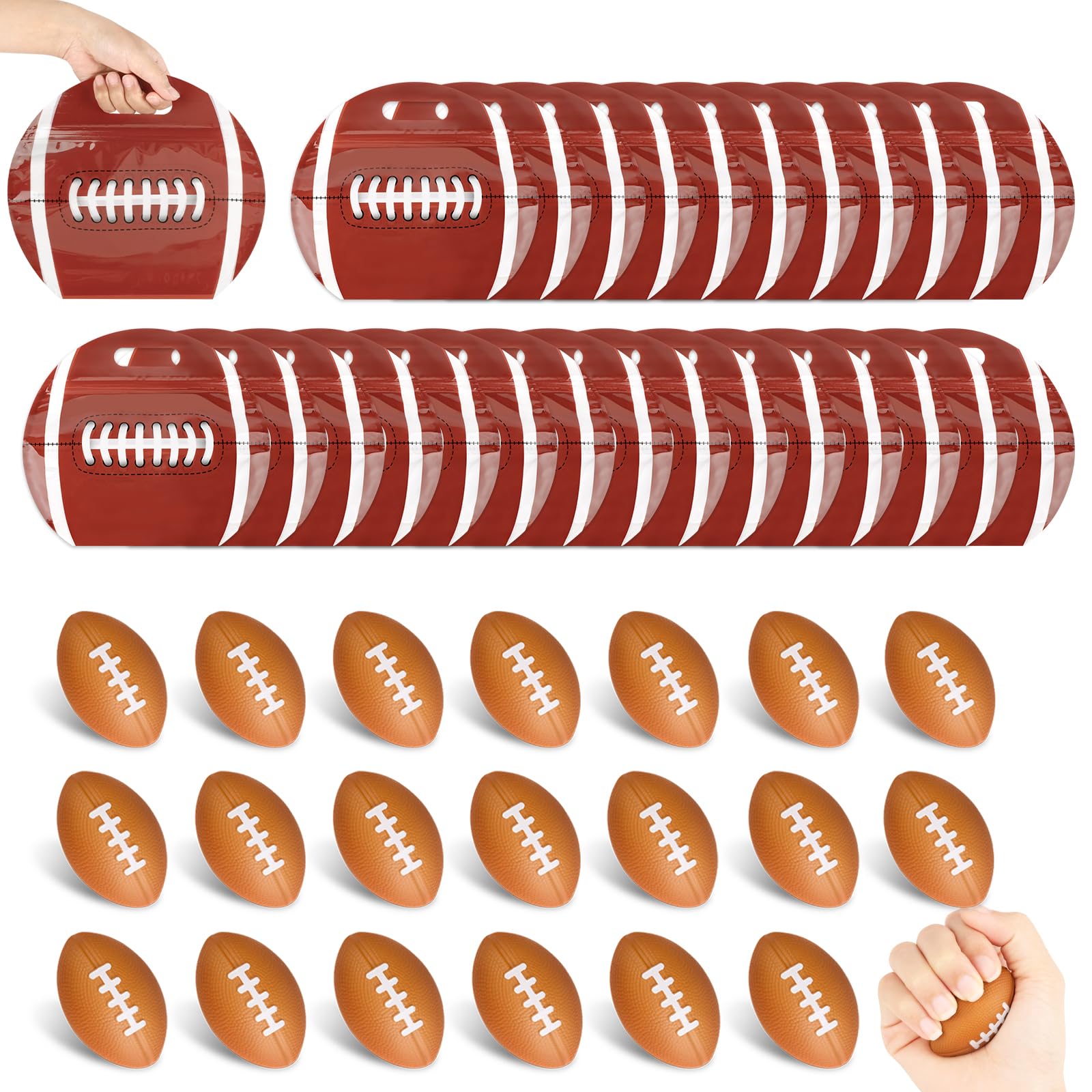 Hooqict 25 Pack Mini Football Stress Ball & 25pcs Football Goodie Bags with Handles for Kids Team Player Gifts Sports Game Day Birthday Party Supplies