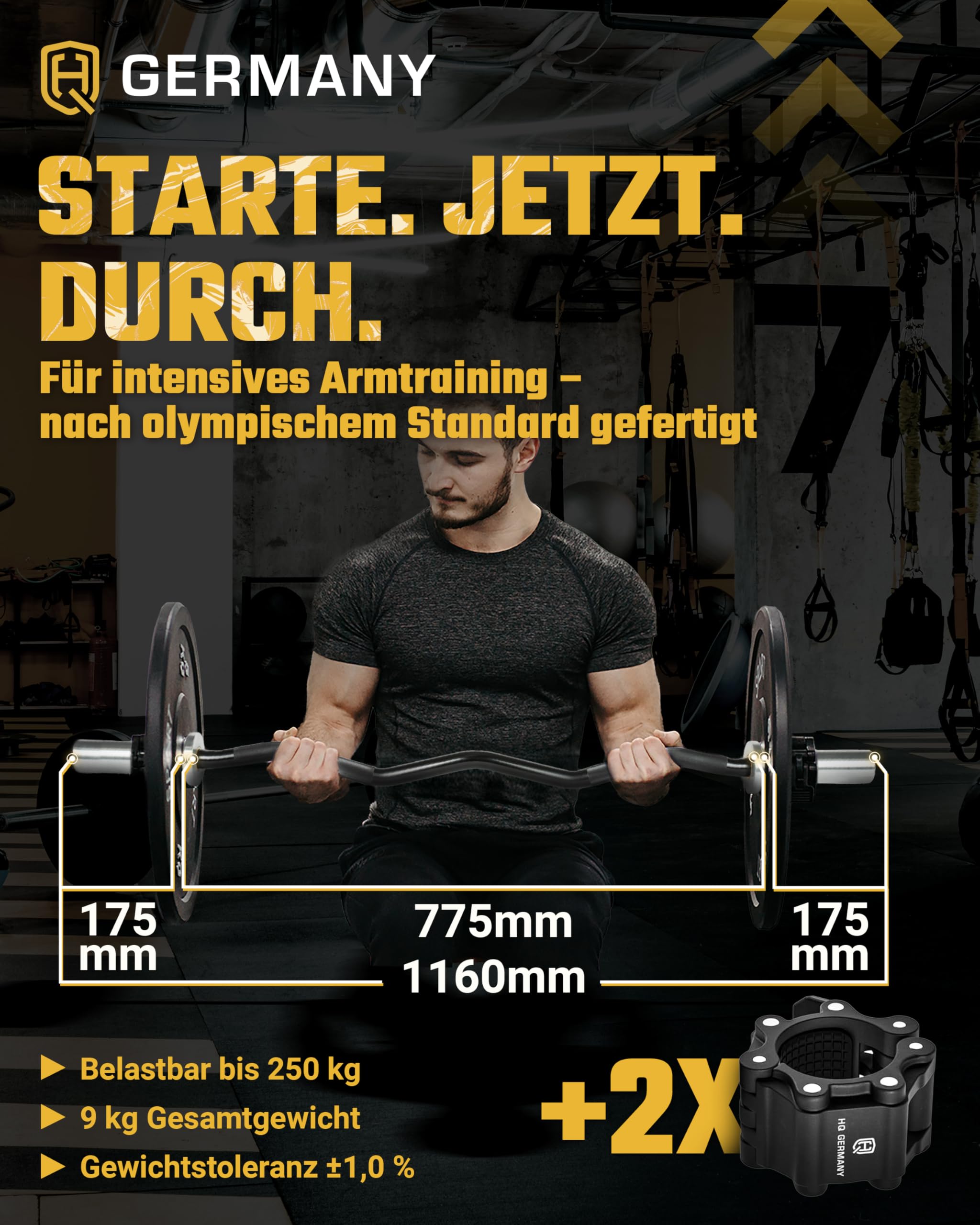 HQ Germany® SZ-Stange 50mm [Performance-Line] - Curl-Stange 50mm | Nadel statt Gleitlager, hartverchromte Sleeves, schwarz verchromter Schaft, 50mm Aufnahme, bis 250kg belastbar