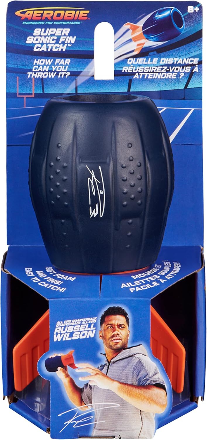 Aerobie Super Sonic Fin Catch Football Toy, Aerodynamic Russel Wilson Football Toys with Soft Construction, Outdoor Games for Kids Aged 8 & Up, Blue/Orange