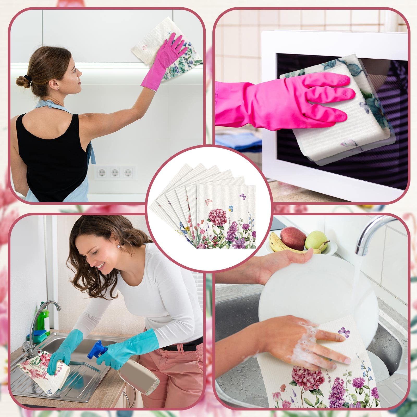 Sunnyray 12 paños de cocina suecos, reutilizables, paños de limpieza de esponja, absorbentes, lavables, para secar platos (multicolor, flores silvestres)