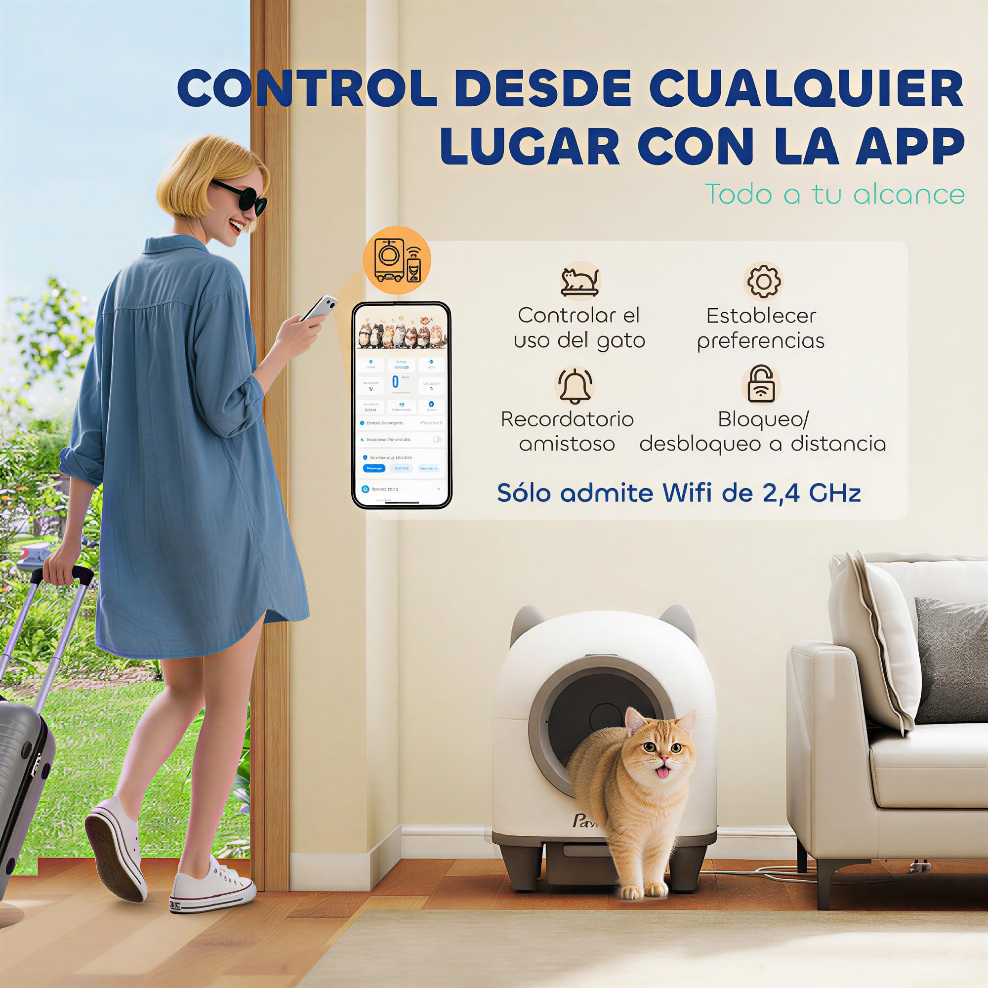 PawHut Arenero Gatos Autolimpiable 80L con Eliminación Olores Control App | Protección Seguridad, Arenero Autolimpiable, Incluye 1 Rollo Bolsas Basura