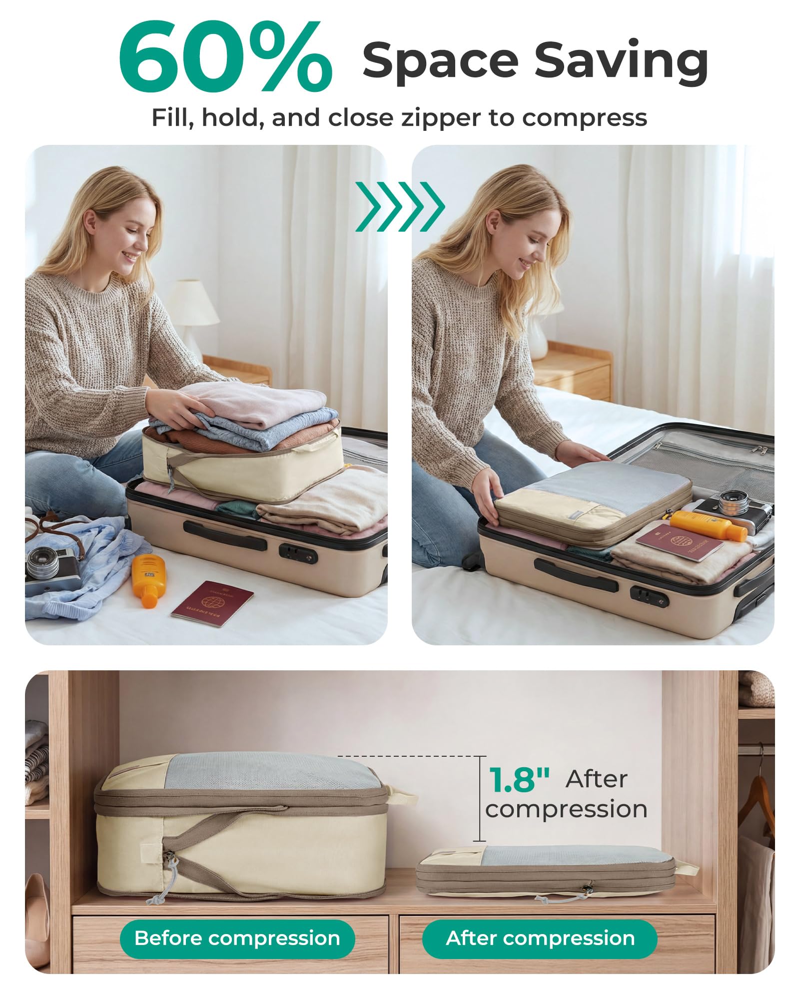 BAGSMART 6 juegos/4 juegos/2 juegos de cubos de embalaje de compresión para viajes, artículos esenciales ligeros de viaje para vacaciones, accesorios de viaje para maleta, organizador de equipaje