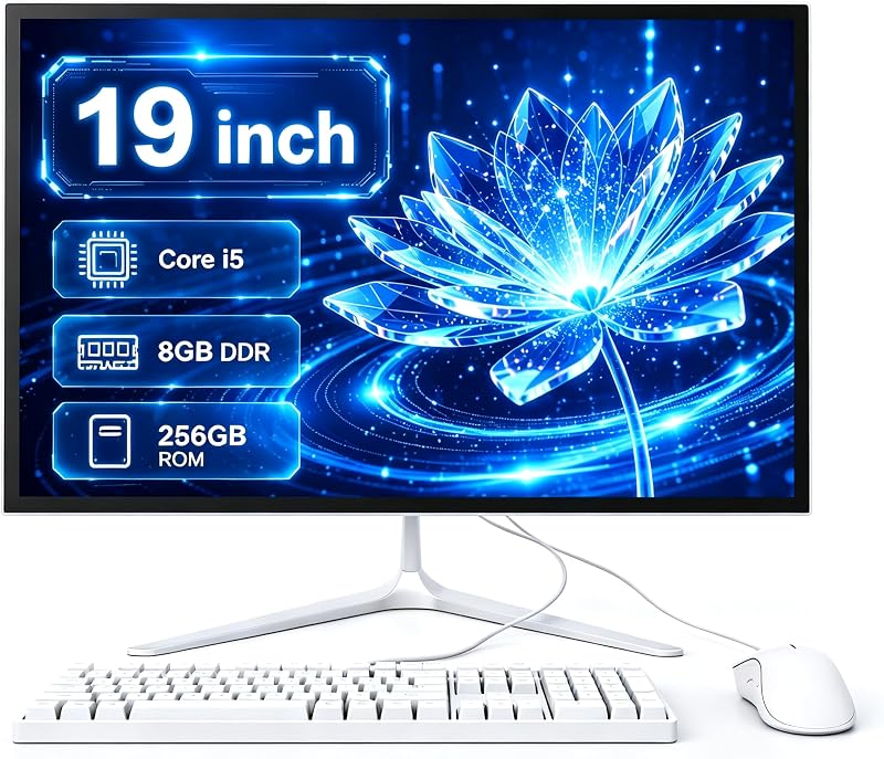 Computadora de escritorio todo en uno de 19 pulgadas, PC compacta que ahorra espacio | PC Core i5 8GB RAM 256GB SSD, pantalla TN 1080p, WiFi 6 Bluetooth 5.3, ratón y teclado, para estudiantes de oficina en casa