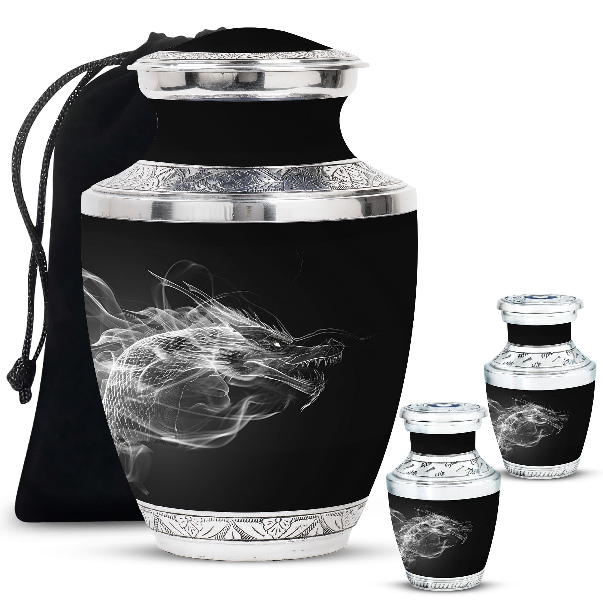 YATHABHISA Dragon Urn, Ashes Urns Human Remains Adult Small Decorative Urn with Large Urns for Father & Mother - Combo of 1 Large Urn with Velvet Bag and 2 Small - Burial Urns for Ashes, Black โ image 1