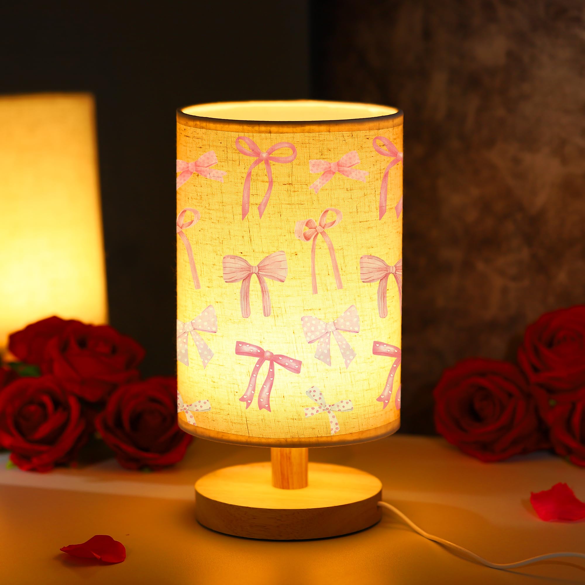 TURMTF Pink Bow Table Lamp - USB Powered Wood Base Night Light, Cute Bow Decor for Bedroom/Living Room, Gift for Women on Birthday/Christmas, Linen Shade (Butterfly)