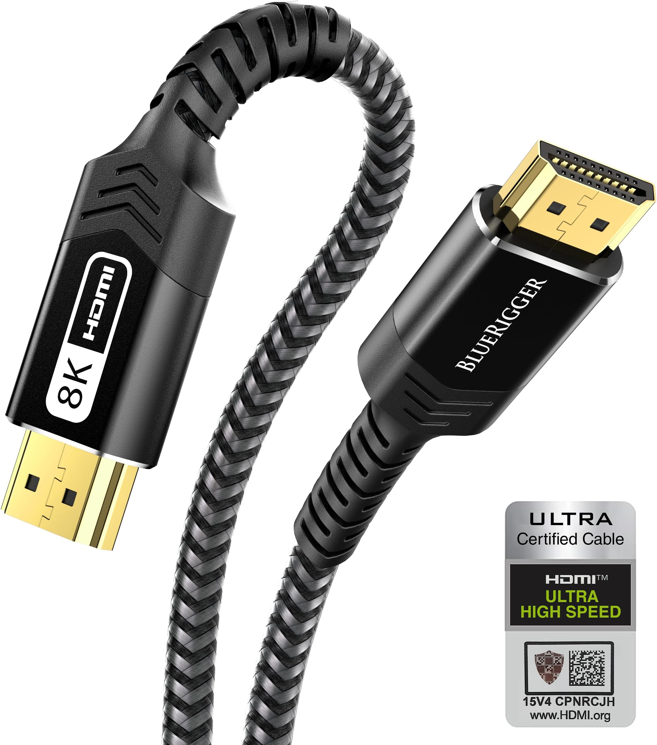 BlueRigger 10K 8K Certified HDMI 2.1 Cable 48Gbps (6.6FT, 8K 60Hz, 4K 120Hz, eARC, HDR10 VRR HDCP 2.3) Certified Ultra High Speed HDMI Cable Braided Cord - For Gaming Xbox Series X Roku HDTV Monitor