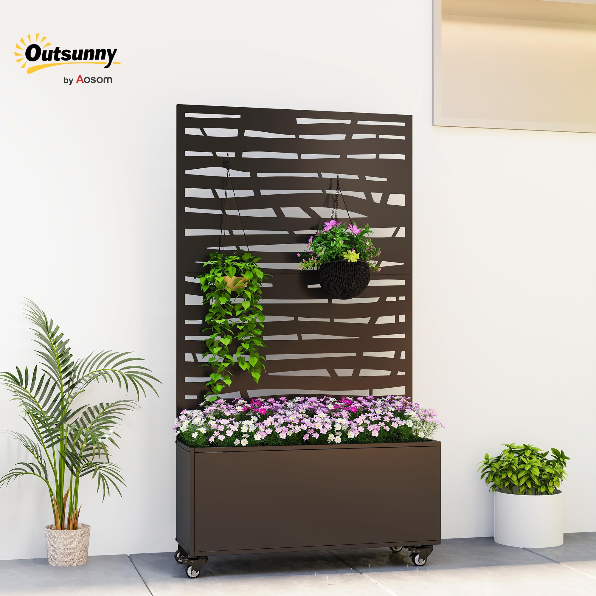 Outsunny Donica na kwiaty z kratką, metalowa donica na kwiaty, podwyższone łóżko z osłoną i kółkami, kratka cięta na rośliny pnące, warzywa, kwiaty, 90 x 30 x 160 cm, czarna