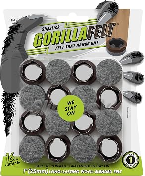 GorillaFelt Chair Leg Floor Protectors/Felt Chair Glides Set of 16 Tap-On Felt Furniture Pads to Stay On, 1 Inch Round Chair Sliders