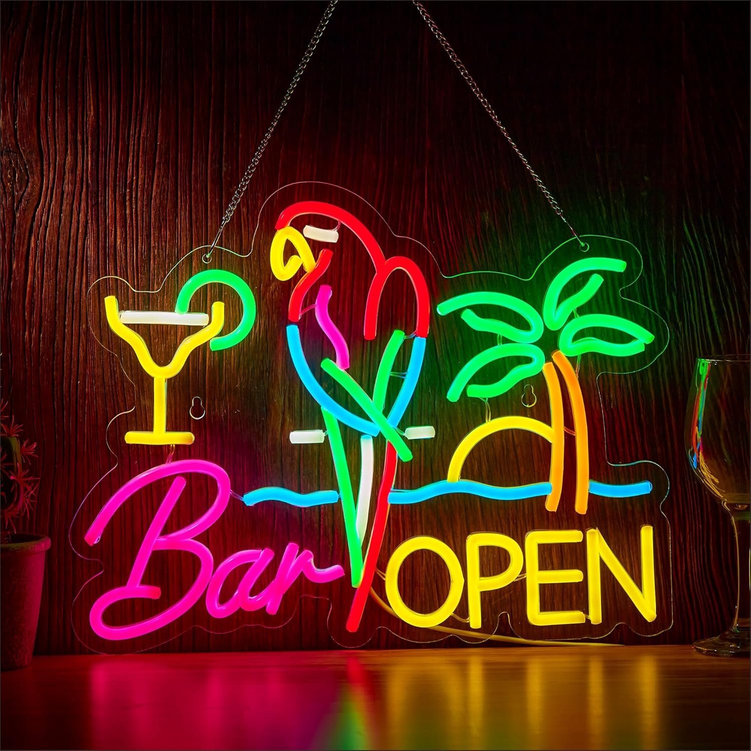 Bar Open Neon Sign for Wall Decor, Parrot Open Beer Bar LED Light Up Dimmable Signs Compatible with Timer for Pub Party Man Cave Room Restaurant Business Party Art Decor Gift