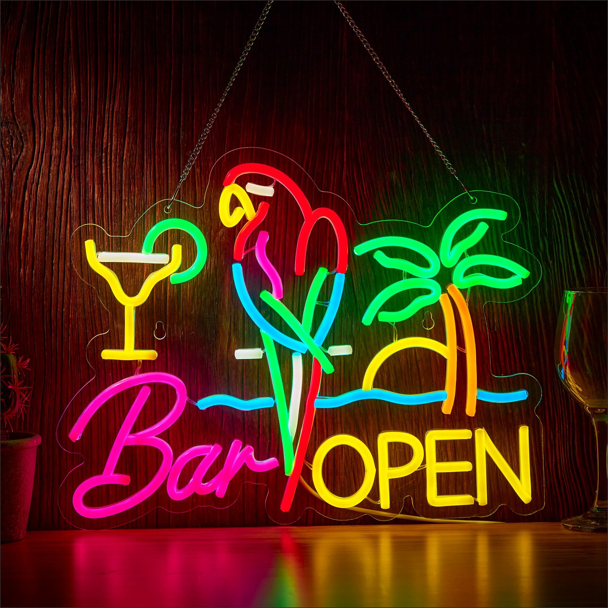 Letrero de neón abierto para decoración de pared, loro, barra de cerveza, luz LED, regulable, compatible con temporizador para pub, fiesta, hombre, cueva, restaurante, fiesta de negocios, decoración