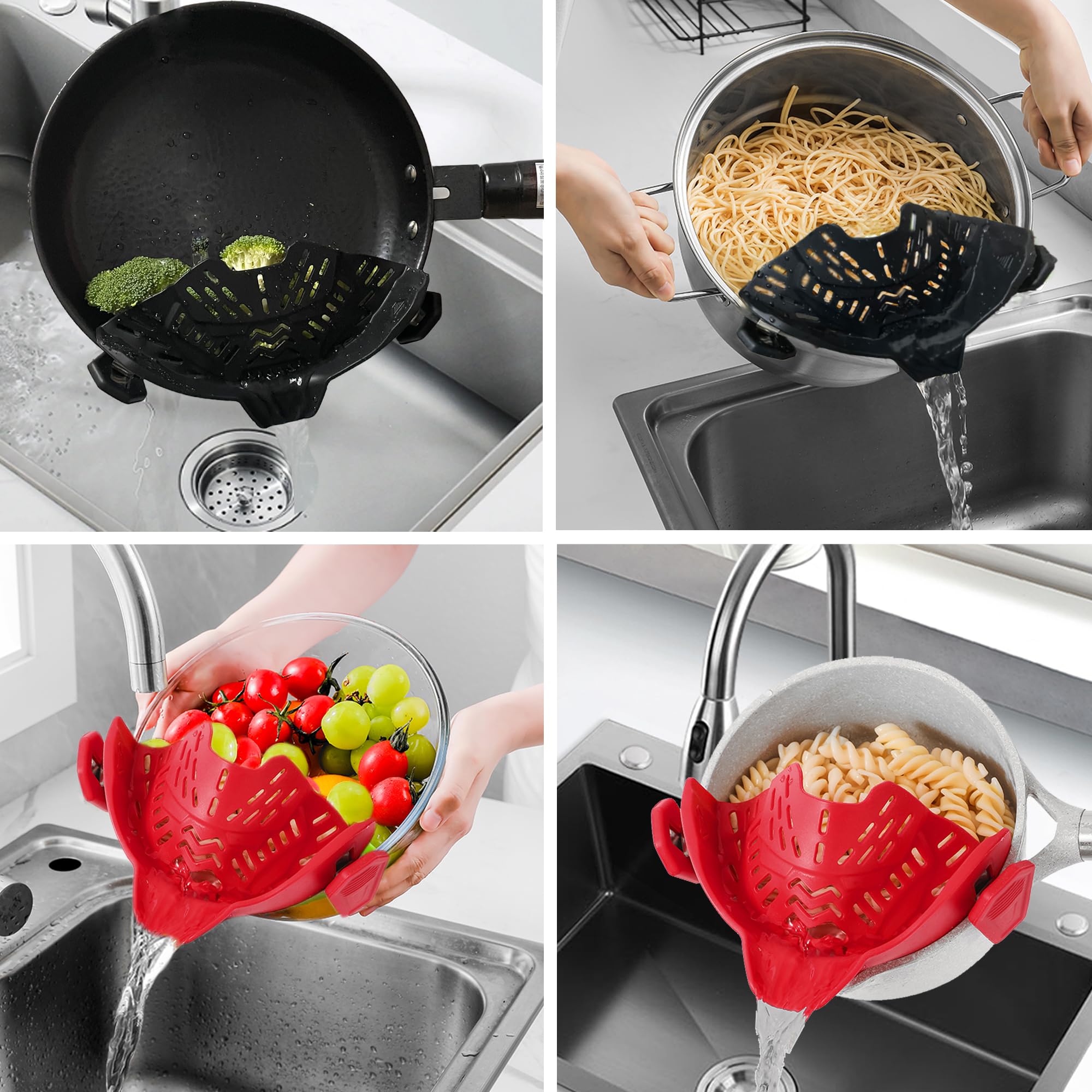 ASMEFY 2 Pcs Clip On Pot Strainer for Pasta, Vegetables, Fruit and Meat- Kitchen Silicone Strainer Colander for All Pots, Pans and Bowls (Black,Red)