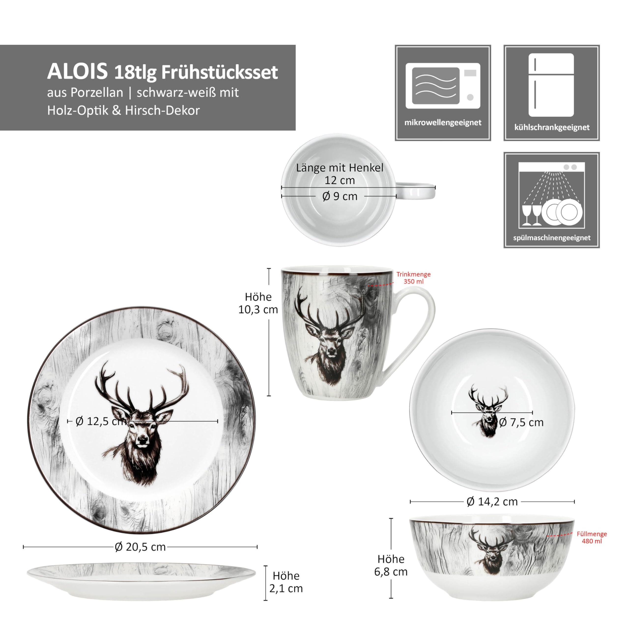 MamboCat Alois 18tlg Frühstücksset I je 6x Frühstücksteller, Müslischalen & Kaffeebecher aus Porzellan I 6 Personen I Holz-Optik & Hirschmotiv in Schwarz-Weiß I für Frühstück & Kaffee