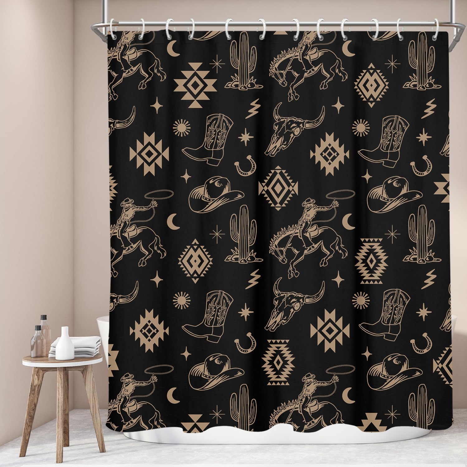 Western Cowboy Shower Curtain Extra Long XL Large Black Aztec Cactus Farmhouse Vintage Southwest Southwestern Horse Tribal 72x84 Inch Fabric Polyester Cloth Washable Bathroom Decor 12 Hooks