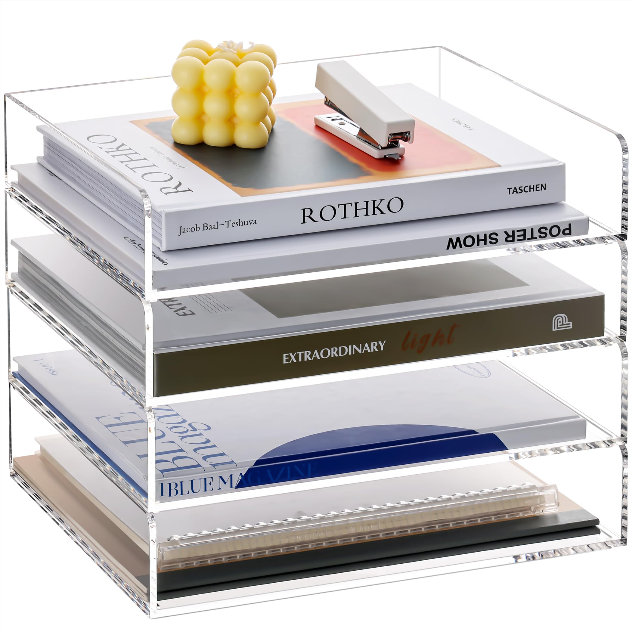 HeZone Organizer per carta a 4 ripiani per scrivania, vassoio per carta acrilica, trasparente, impilabile, organizer da scrivania per documenti, documenti da ufficio, carta A4