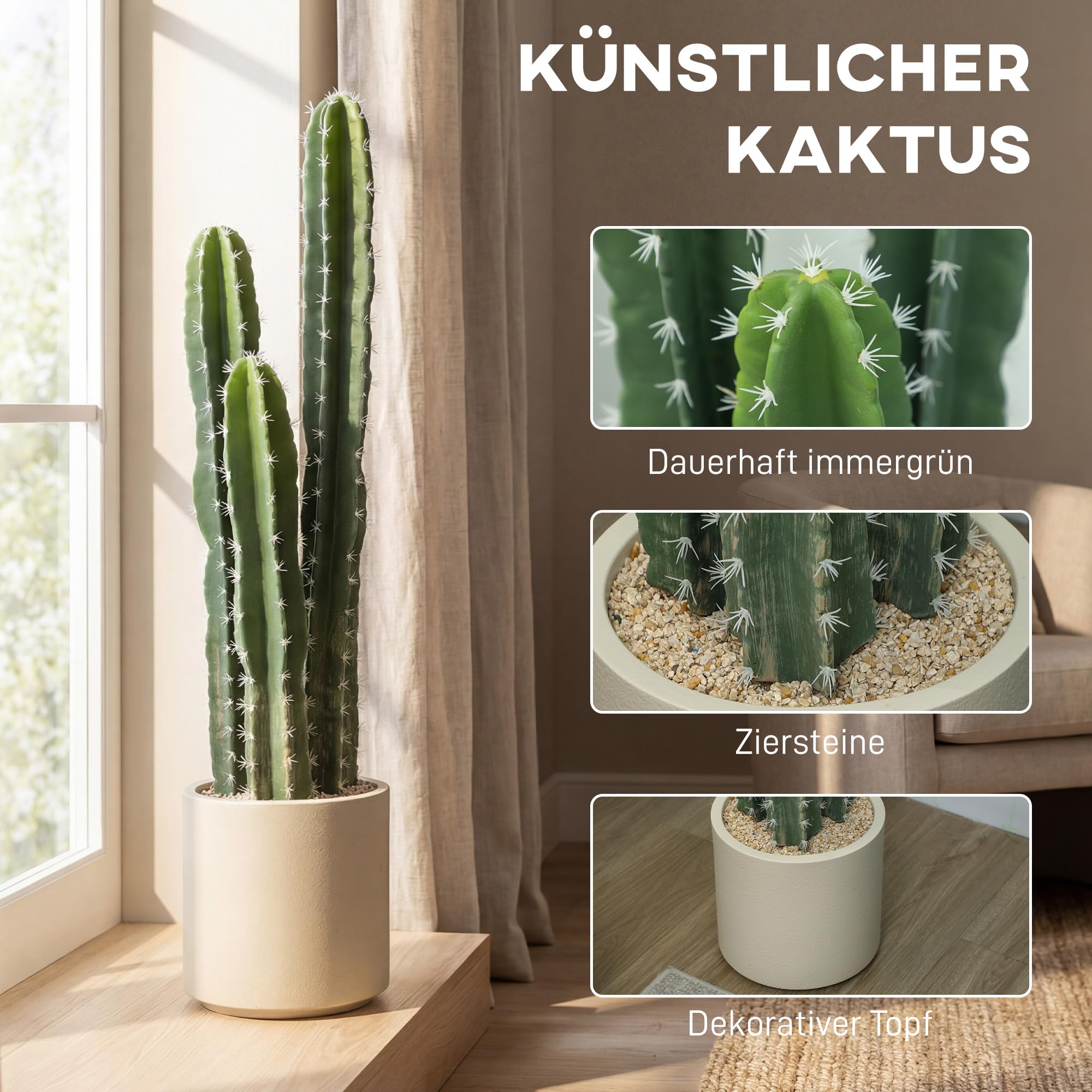 HOMCOM Kunstpflanze Kaktus 95 cm Künstliche Pflanzen im Topf Wie Echt