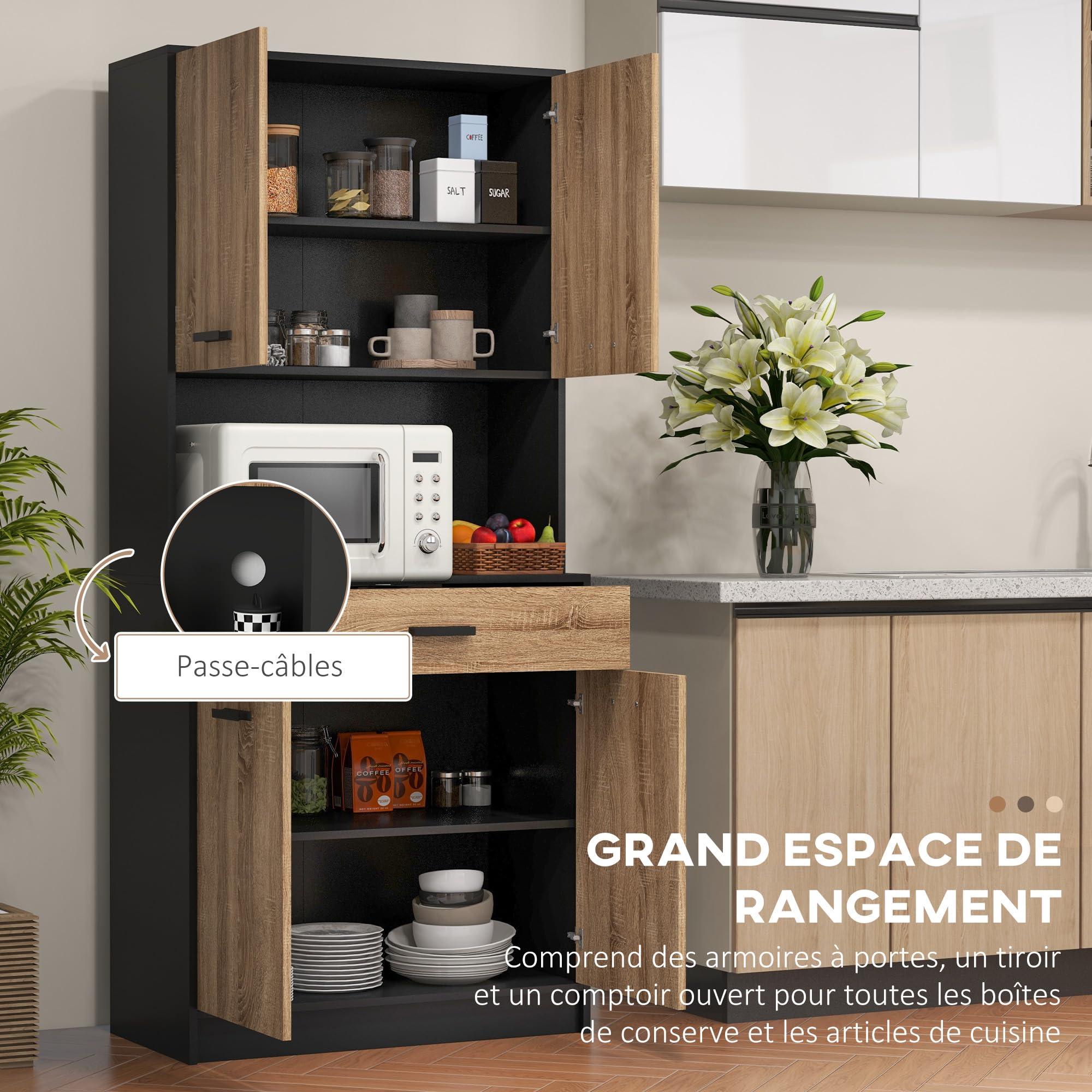 HOMCOM Armoire de Cuisine 4 Portes 1 Tiroir 80 x 40 x 180 cm Noir Naturel | Buffet de Cuisine, Meuble de Rangement, 2 Placards, Passe-Câbles, Design Industriel