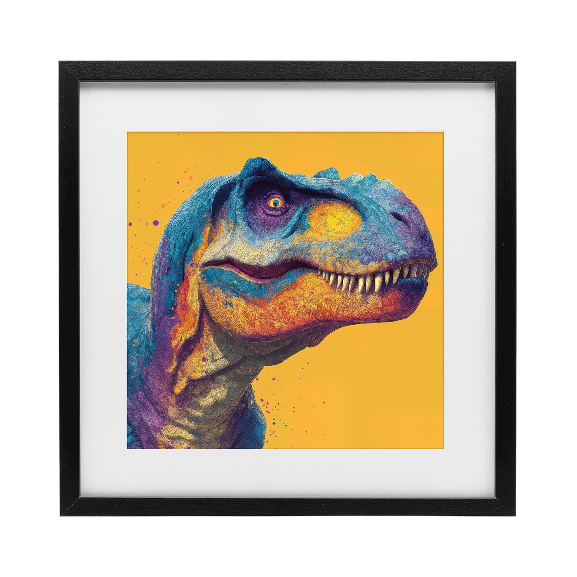 Stupell Industries Midnight Black (Textured) Vibrant T Rex Portrait Nursery, 16 X 16 Inch Framed Print Under Glass