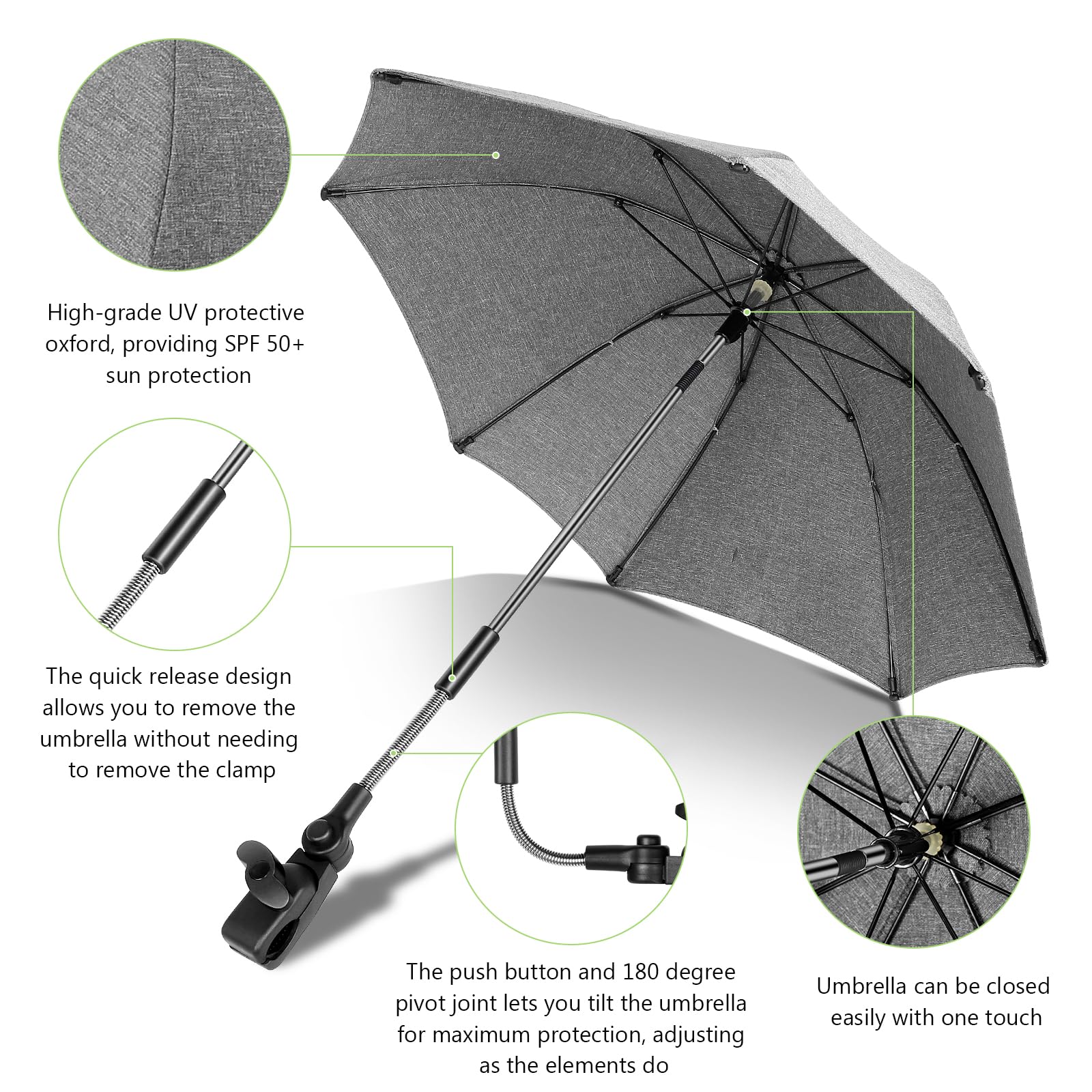 Sonnenschirm Buggy Universal UV Schutz 50+ 70 cm Durchmesser für Rund- und Ovalrohre
