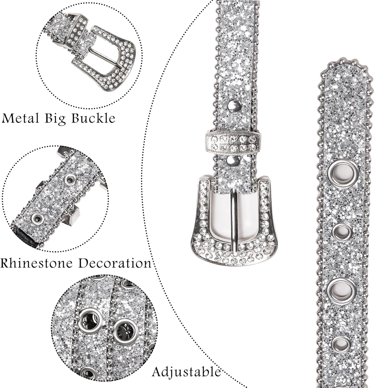Dubulle Rhinestone Belt Women Men's Leather Belts Western Bling Silver Buckle for Jeans Pants (Waist 26-40") - Image 5
